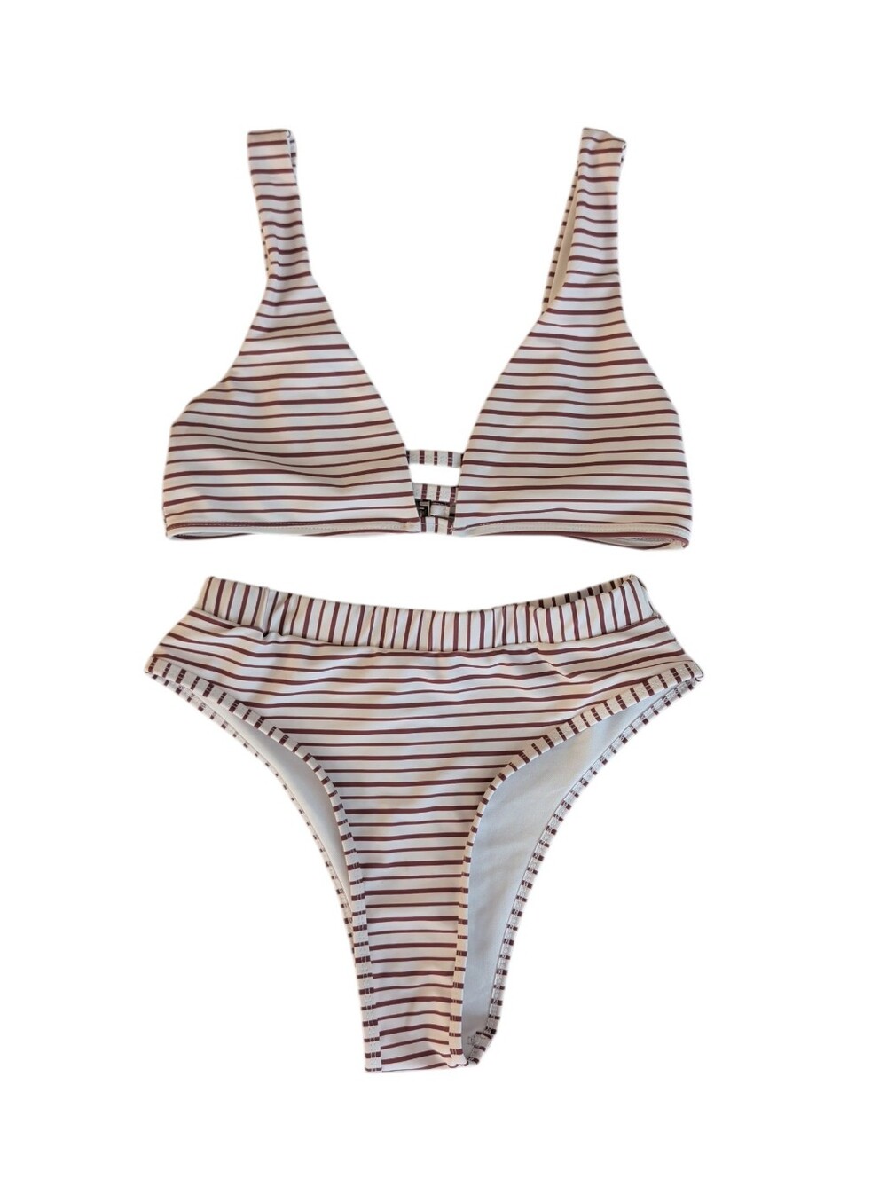 Zaful Striped High-Waisted Two Piece Bikini Set 6 Medium Brown White